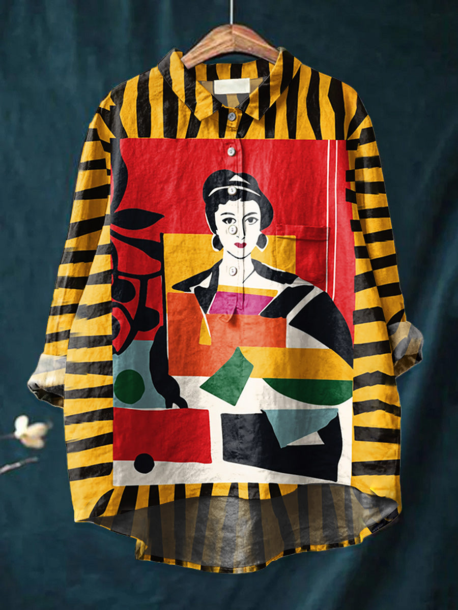 Women's Retro Poster  Art  Print Casual Cotton And Linen Shirt