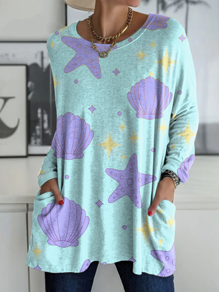 Women's Starfish Shell Print Casual Long Sleeve T-shirt