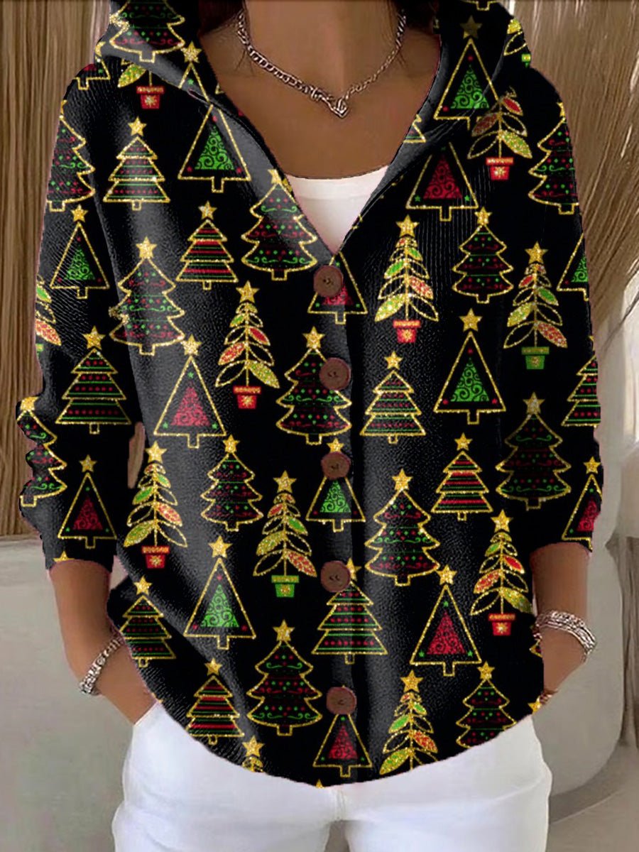 Women's Beautiful Winter Colorful Christmas Tree Painting Art Print Casual Hooded Button Sweater