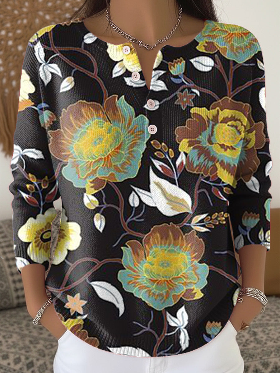 Vintage Beautiful Large Flower Painting Art Print Buttoned Cardigan Sweater