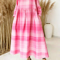 Women's Valentine's Day Pink Plaid Print Peter Pan Collar Long-sleeved Loose Casual Denim Dress