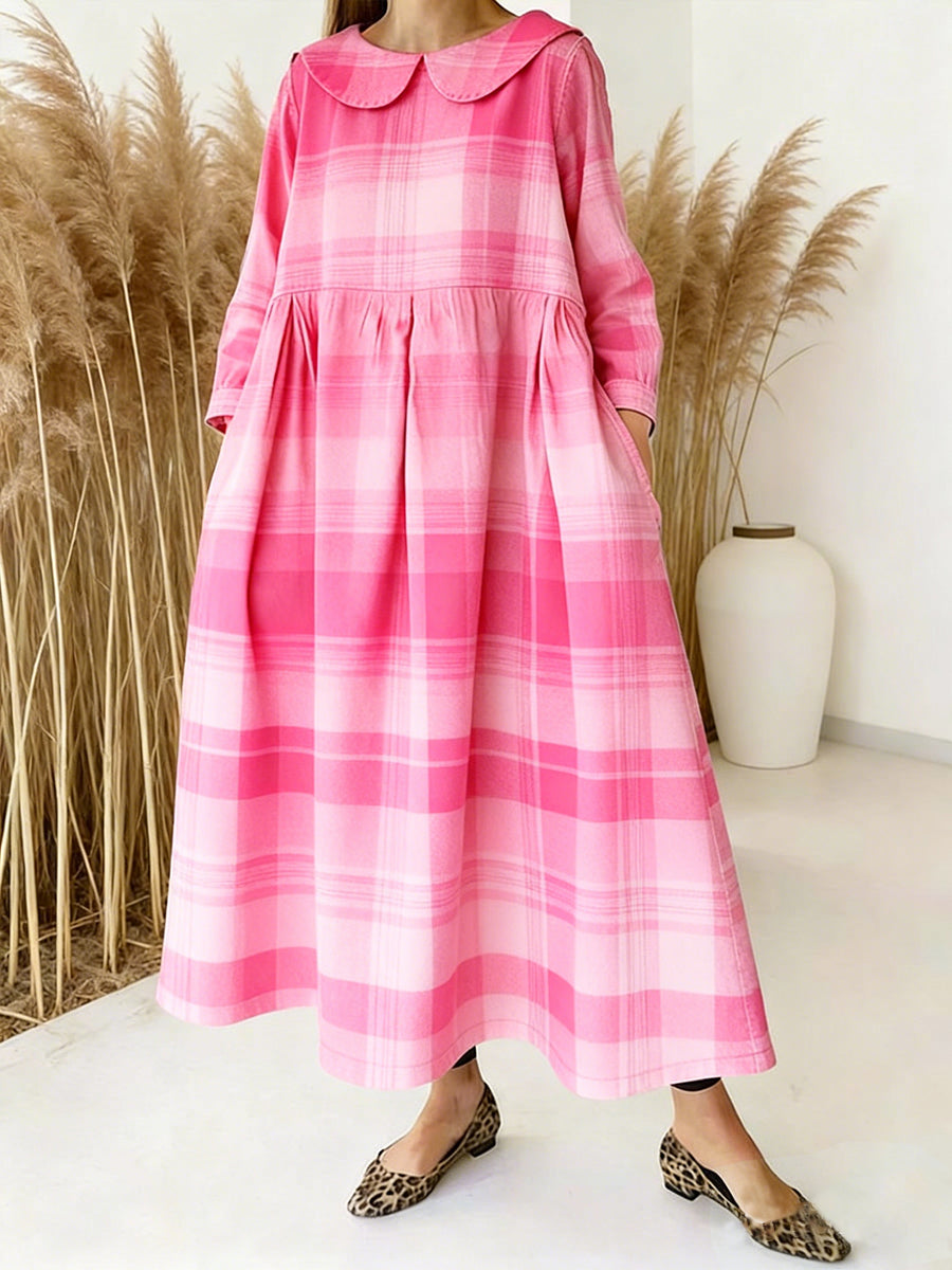 Women's Valentine's Day Pink Plaid Print Peter Pan Collar Long-sleeved Loose Casual Denim Dress