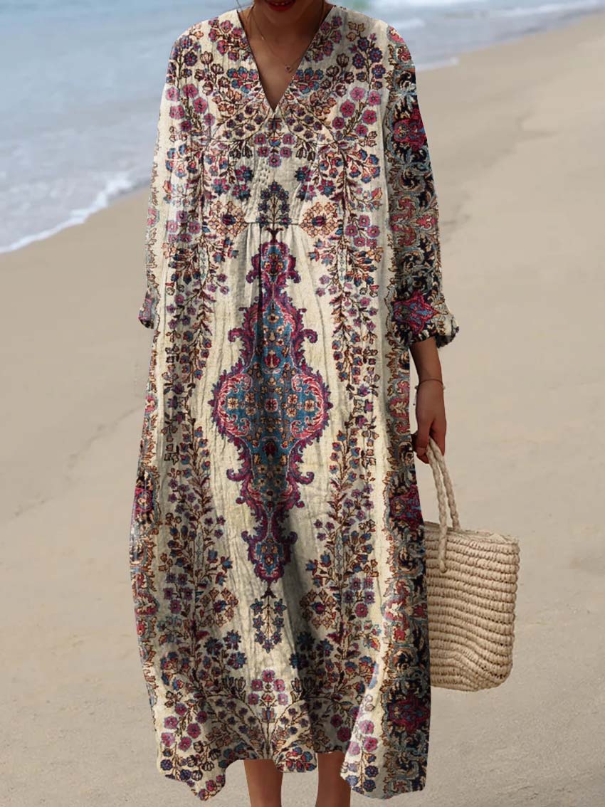 Women's Vintage Ethnic Floral Art Print Cotton Dress