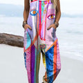 Damen-Jumpsuit mit farbenfrohem, abstrakt-realistischem Gesichtsdruck, 100 % Baumwolle, weitem Bein 