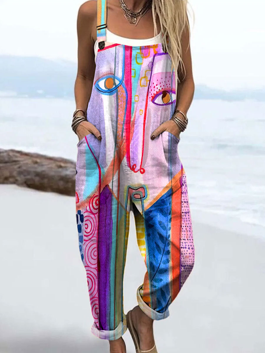 Women's Colorful Abstract Realistic Face Art Print Casual 100% Cotton Wide Leg Jumpsuit