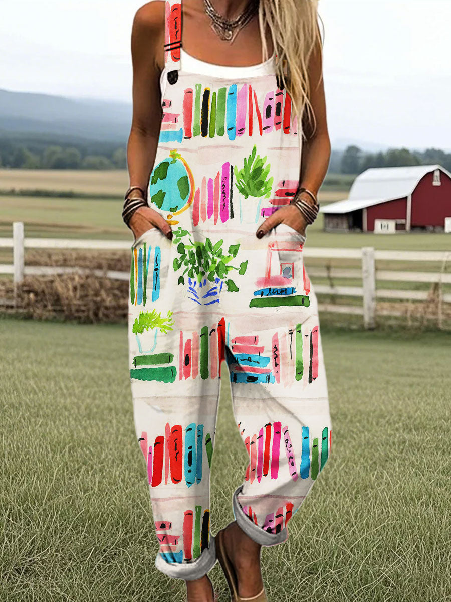 Women's Vintage Bookshelf Art Print Casual 100% Cotton Wide Leg Jumpsuit