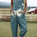 Women's Floral Bee Pattern Art Print Casual 100% Cotton Wide Leg Jumpsuit