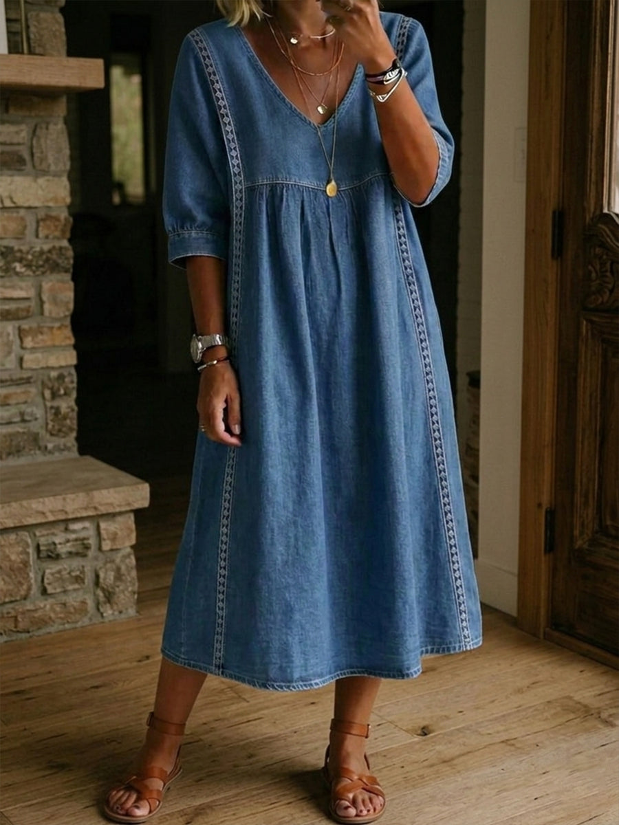 Casual Loose-fitting Denim Dress With Lace Trim