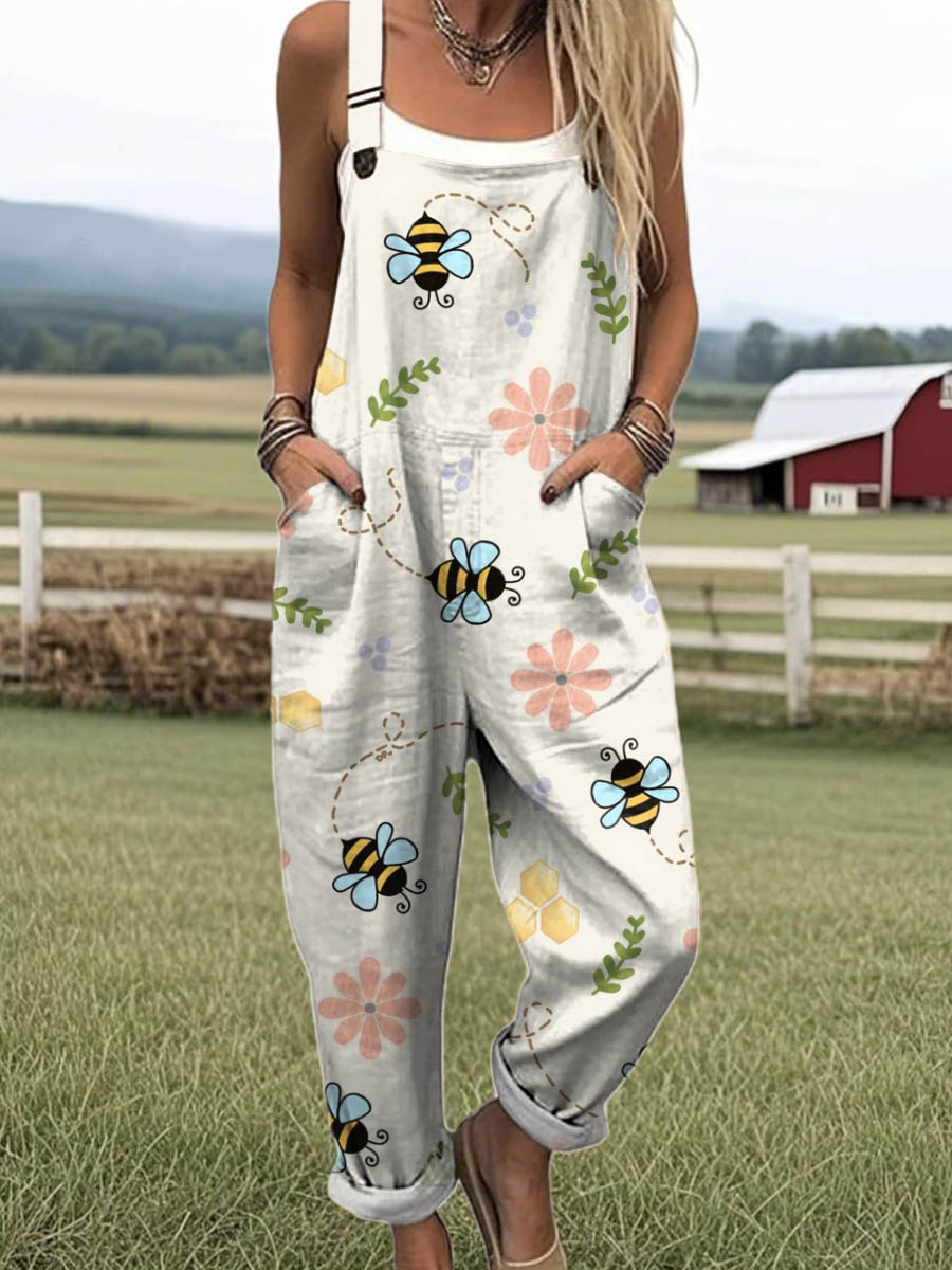 Women's Lovely Bees Floral Art Print Casual 100% Cotton Wide Leg Jumpsuit