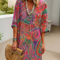 Women's Abstract Retro Print V-Neck 3/4 Sleeve Casual Cotton and Linen Dress