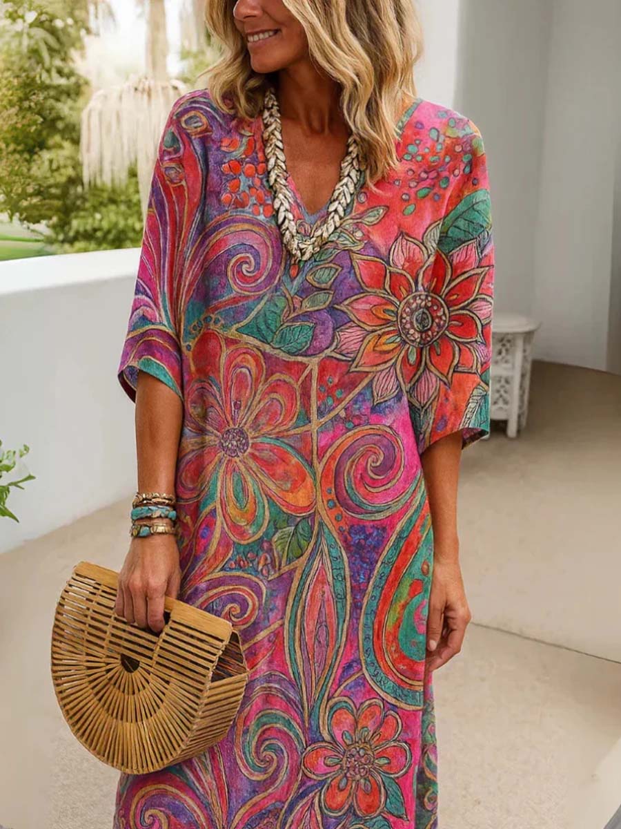 Women's Abstract Retro Print V-Neck 3/4 Sleeve Casual Cotton and Linen Dress