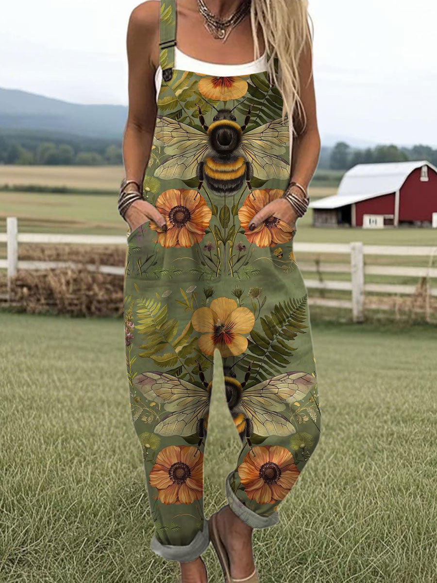 Women's  Funny Bee Flower Art Print Casual 100% Cotton Wide Leg Jumpsuit
