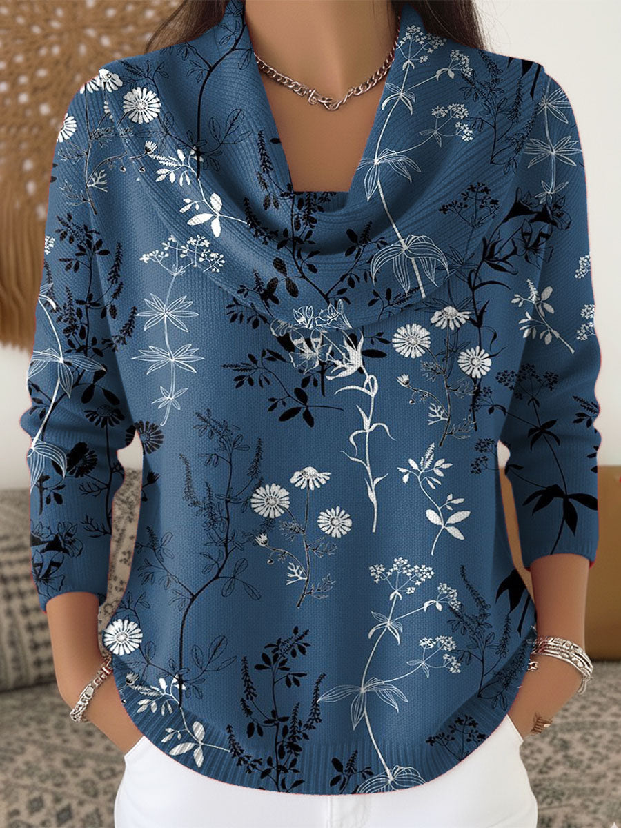 Women's Floral Art Print Cowl Neck Sweater