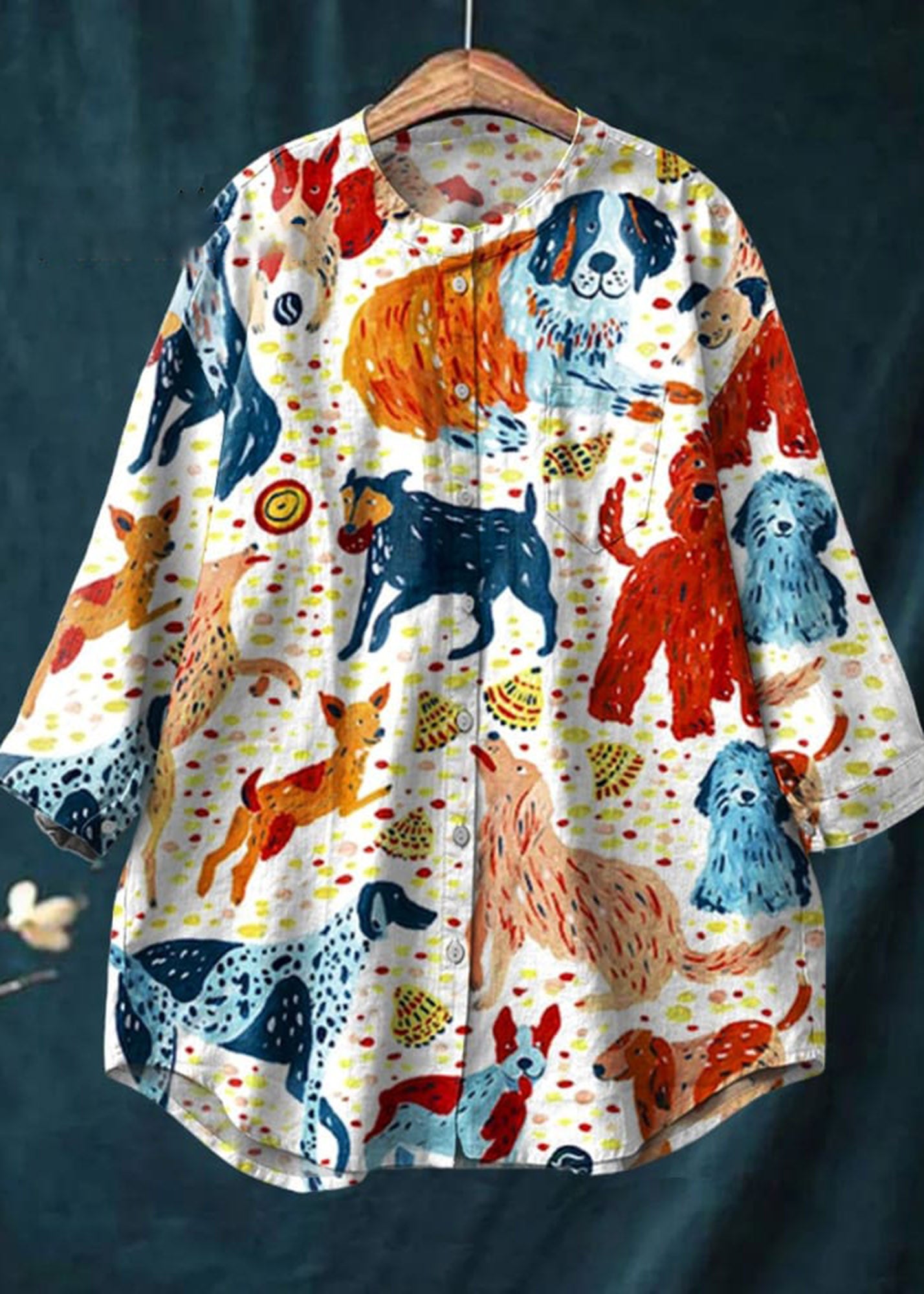 Women's Dog Art  Print Casual Cotton And Linen Shirt