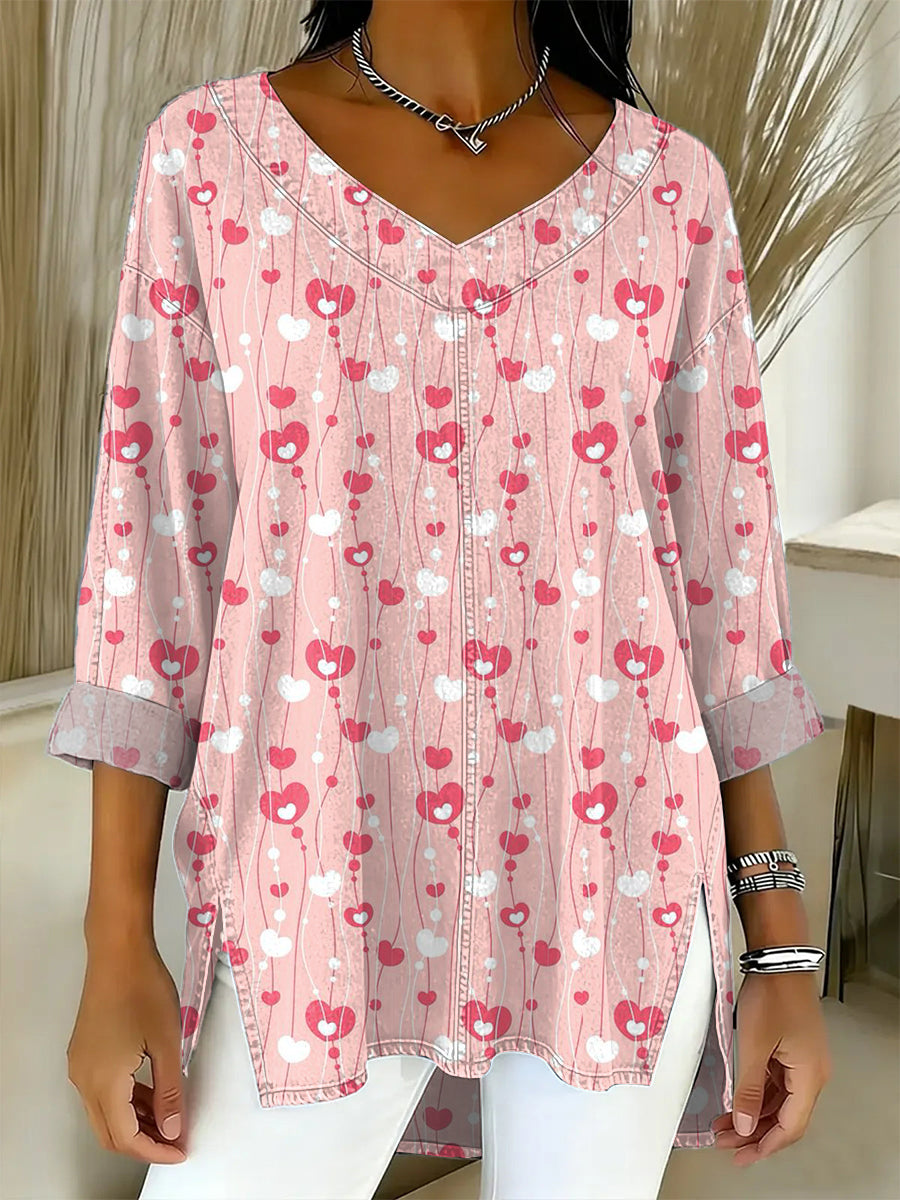 Women's Valentine's Day Heart-shaped Art Print Casual Washed Denim Cotton Top