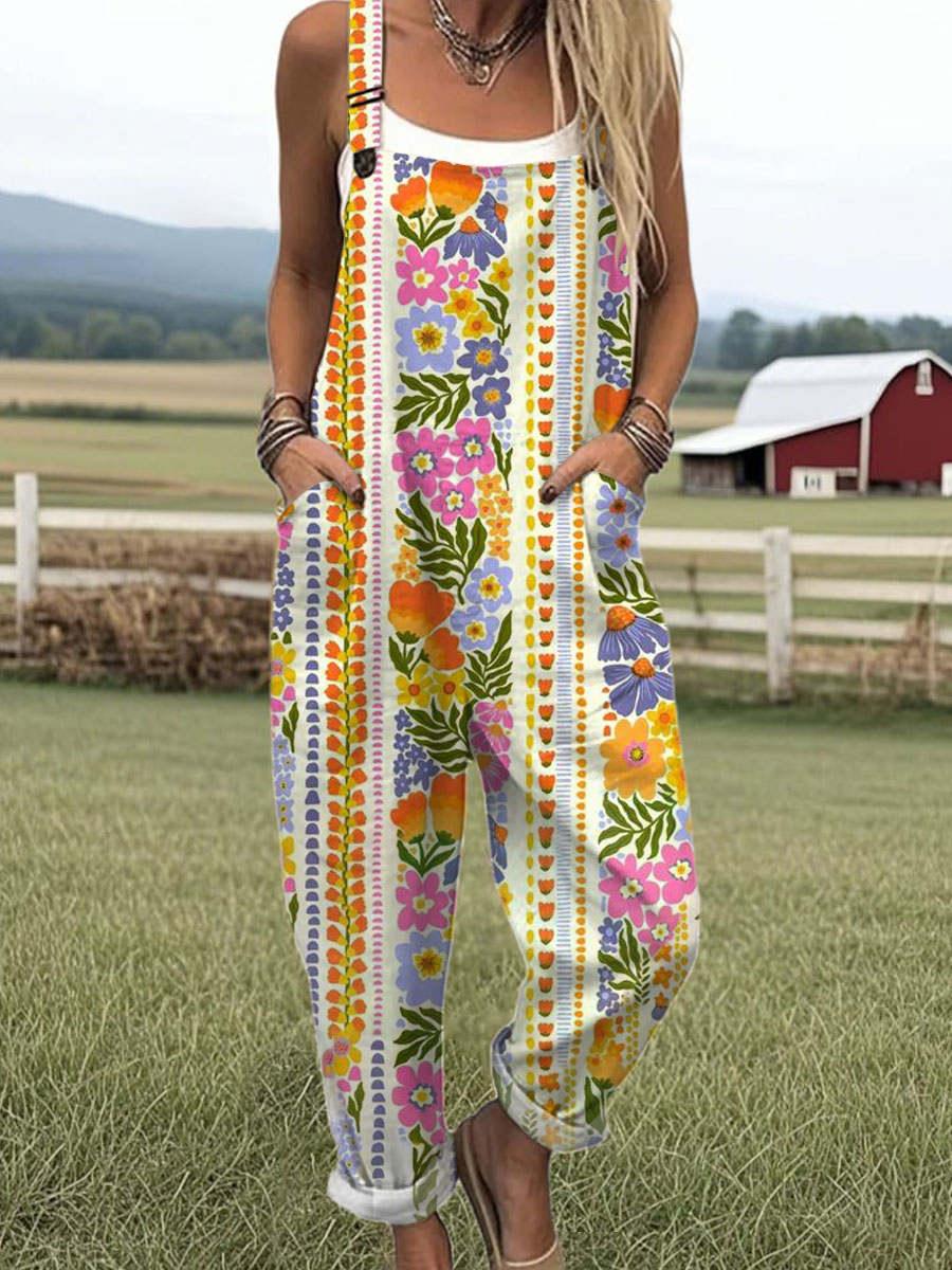 Women's Vintage Flowers Art Print Casual 100% Cotton Wide Leg Jumpsuit