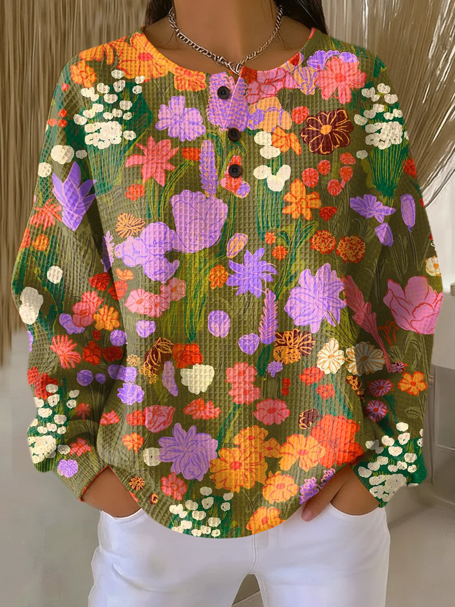 Women's Bright Colorful Floral Painting Art Print Casual Cotton Sweatshirt