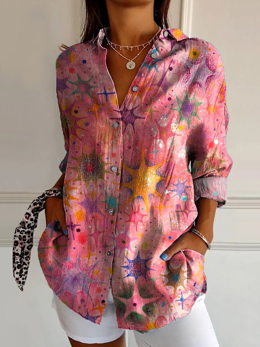 Women's Vintage Splatter Star Art Print Casual Cotton Shirt