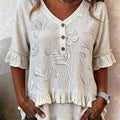 Retro Floral Embroidered V-neck Ruffled Loose-fit Shirt