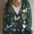 vintage-chicken-flower-art-print-buttoned-v-neck-cardigan-sweater