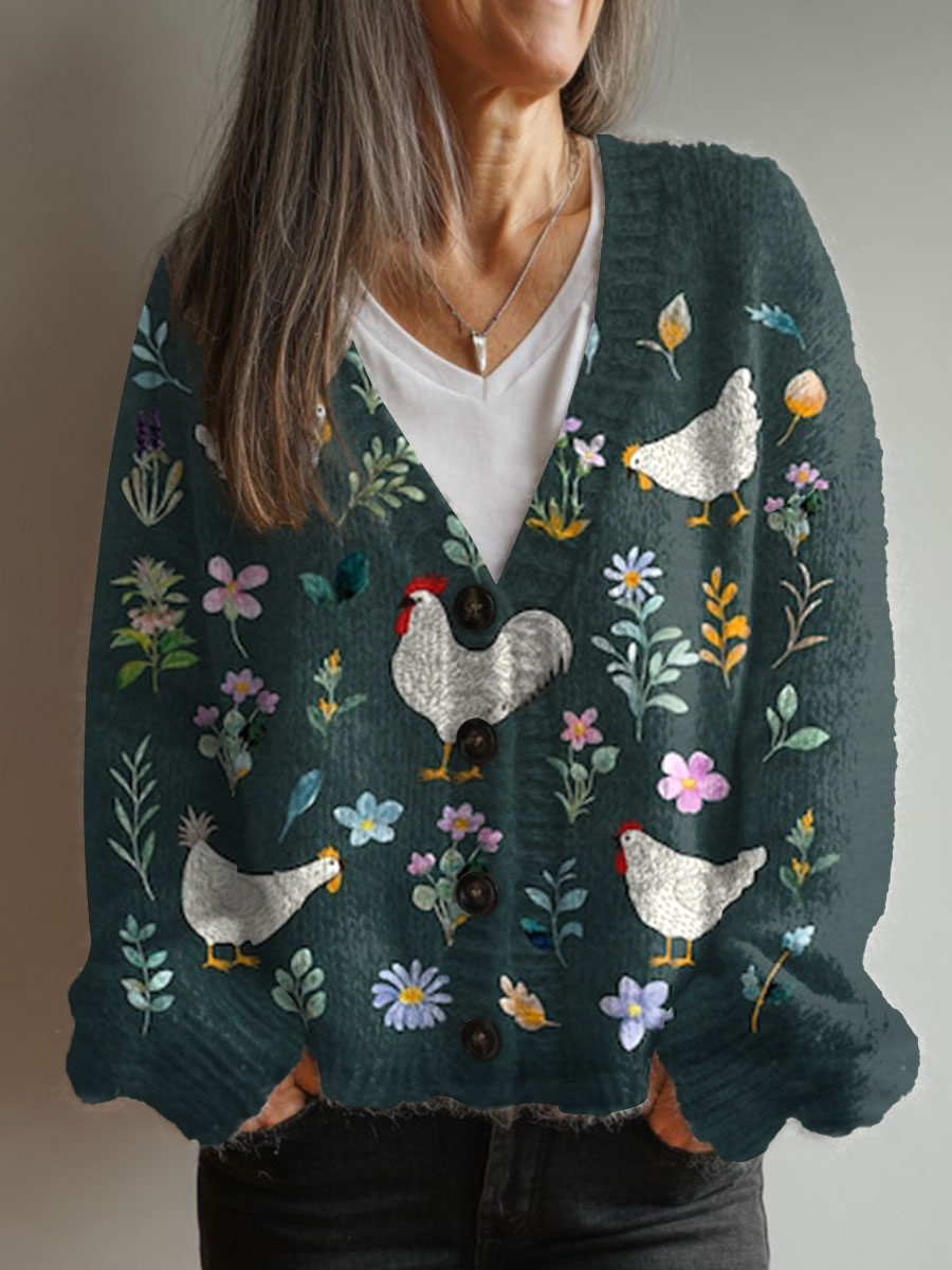 vintage-chicken-flower-art-print-buttoned-v-neck-cardigan-sweater