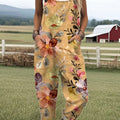 Women's  Vintage Flower Art Print Casual 100% Cotton Wide Leg Jumpsuit