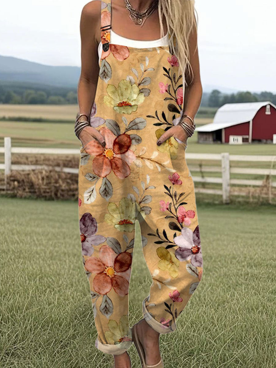 Women's  Vintage Flower Art Print Casual 100% Cotton Wide Leg Jumpsuit