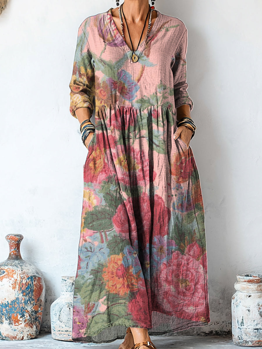 Women's Vintage Floral Painting Art Print Linen Pocket Tunic Dress