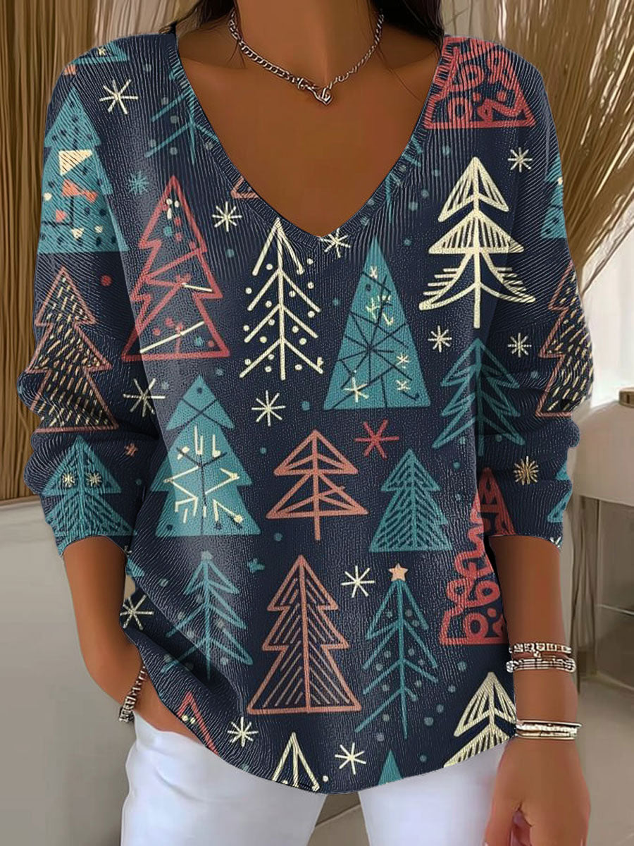 Women's Christmas Tree Pattern Print Casual Pullover Sweater