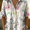 Women's Vintage Floral Art Print Cotton-linen Short-sleeve Shirt