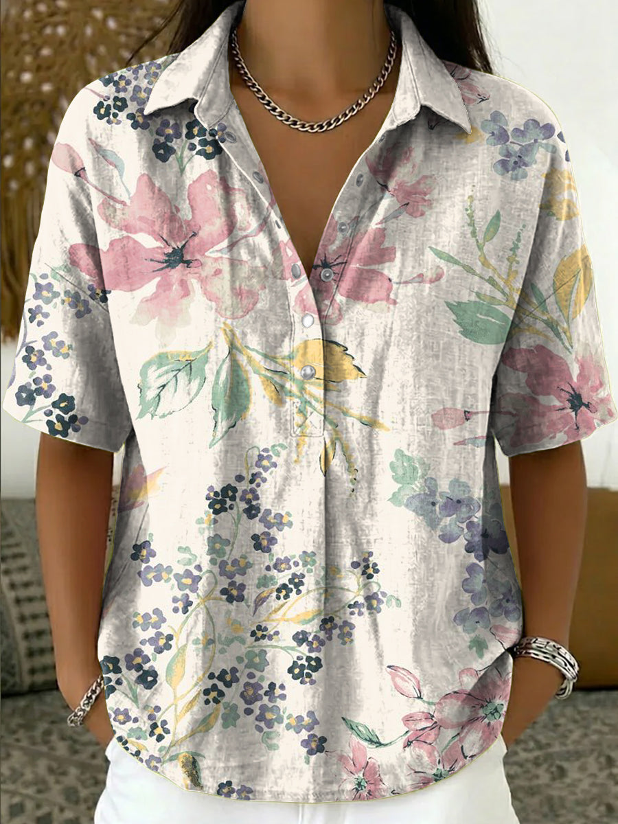 Women's Vintage Floral Art Print Cotton-linen Short-sleeve Shirt