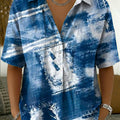 Artistic Patchwork-print Short-sleeve Polo Shirt ¡ª Half-placket Button Design