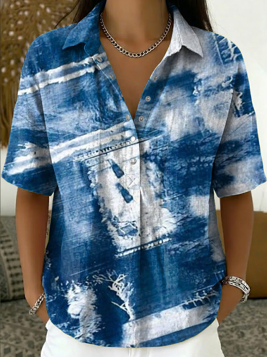 Artistic Patchwork-print Short-sleeve Polo Shirt ¡ª Half-placket Button Design