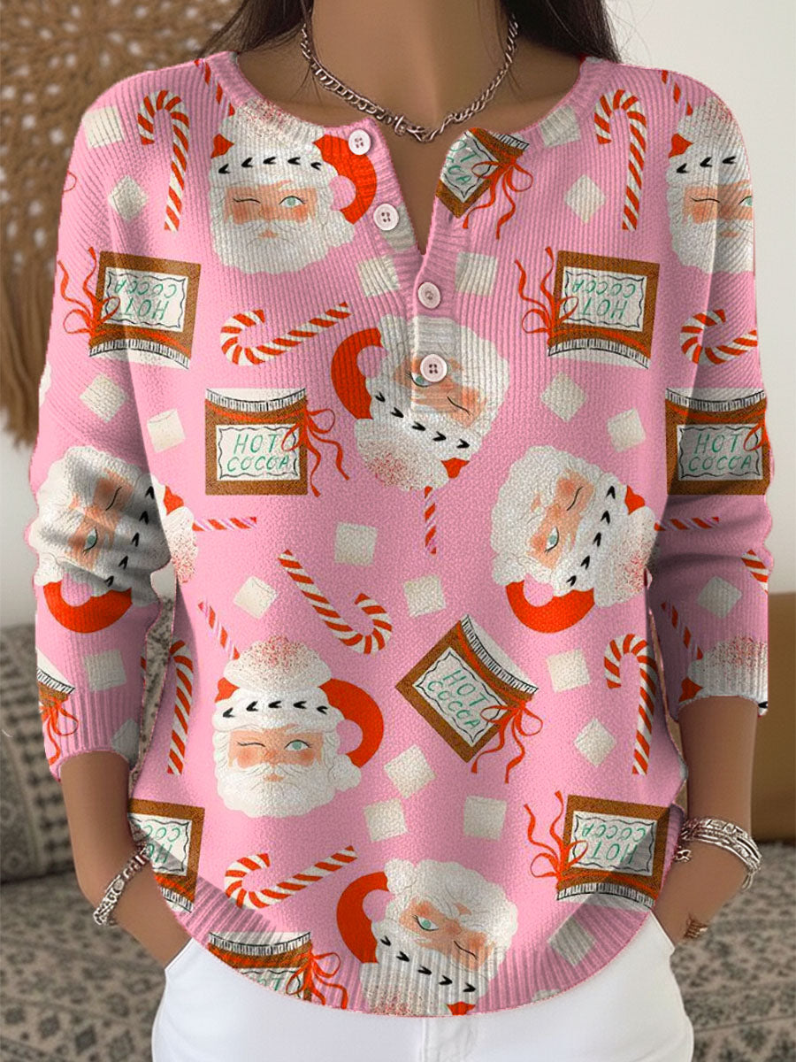 Women's Christmas Santa Art Print Buttoned Cardigan Sweater
