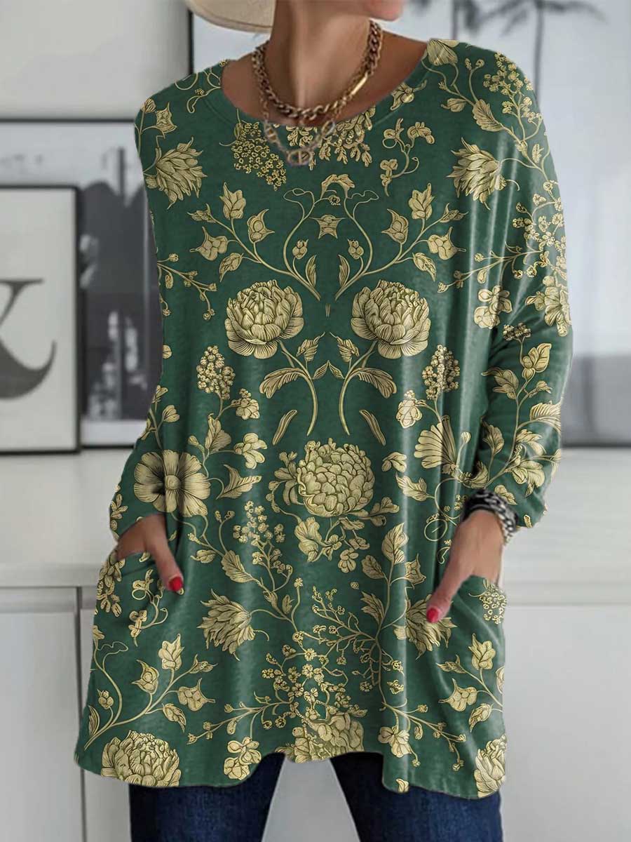 Women's Retro Floral Pattern Art Print Casual Long Sleeve T-shirt