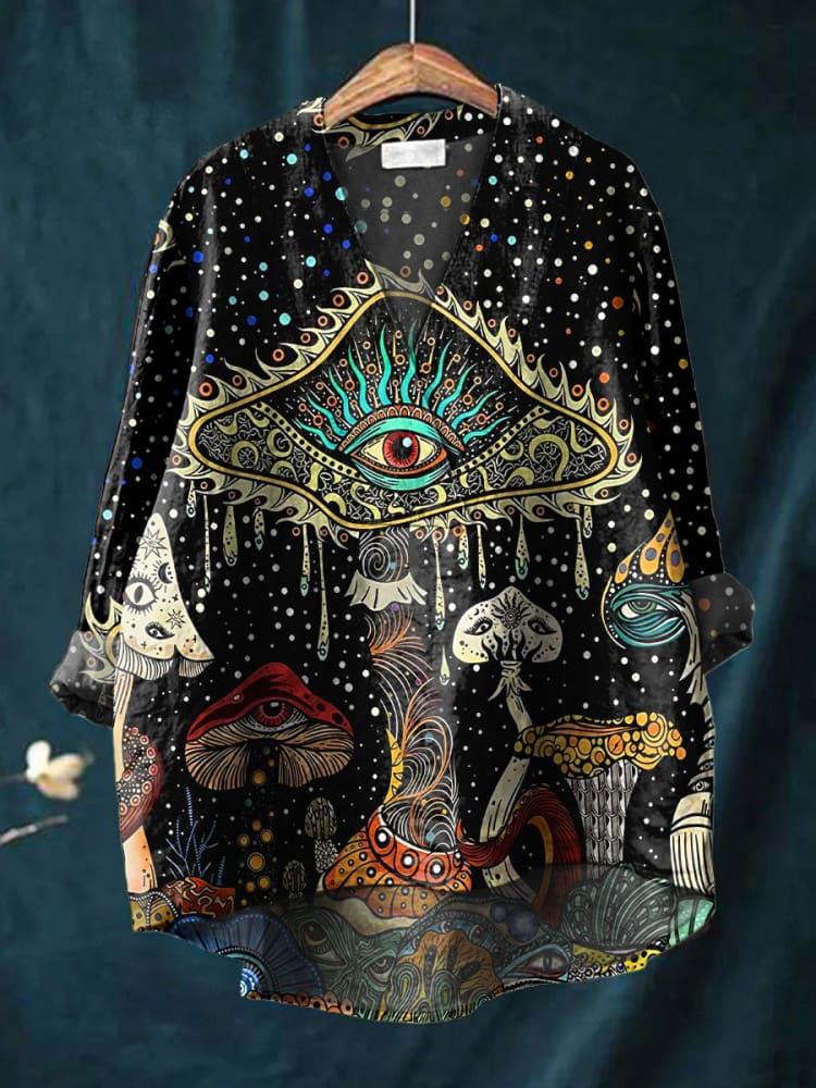 Women's Vintage Fantasy Mushroom Eye Art Print Casual Cotton And Linen V-neck Shirt
