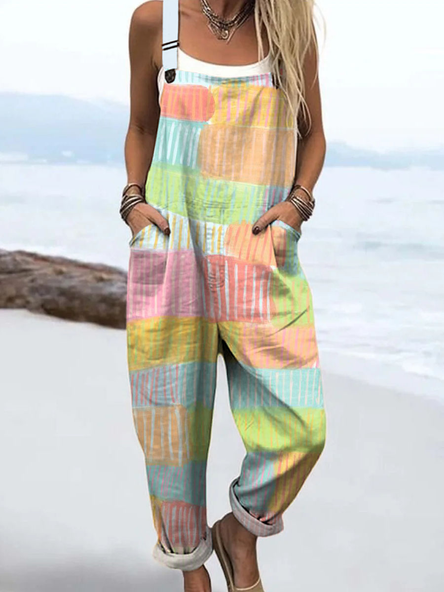 Women's Geometric Pattern Art Print Casual 100% Cotton Wide Leg Jumpsuit