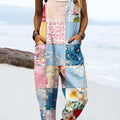 Women's Vintage Abstract Mosaic Flowers Art Print Casual 100% Cotton Wide Leg Jumpsuit