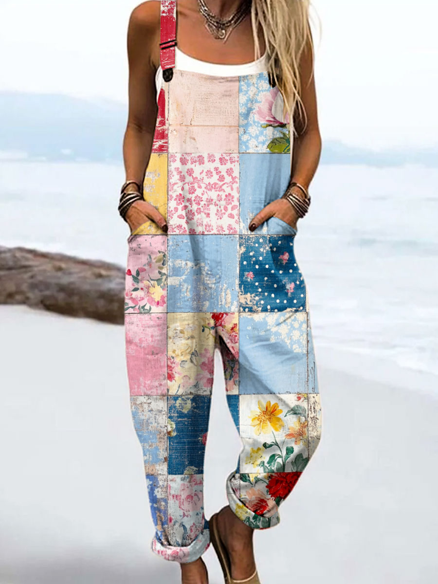 Women's Vintage Abstract Mosaic Flowers Art Print Casual 100% Cotton Wide Leg Jumpsuit