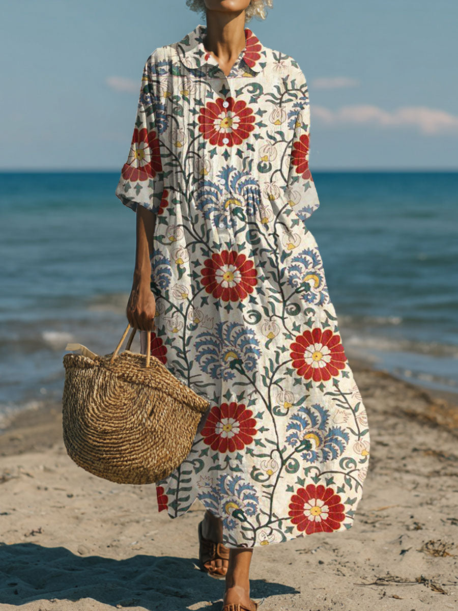 Women's Vintage Flower Art Print Pleated Casual Dress