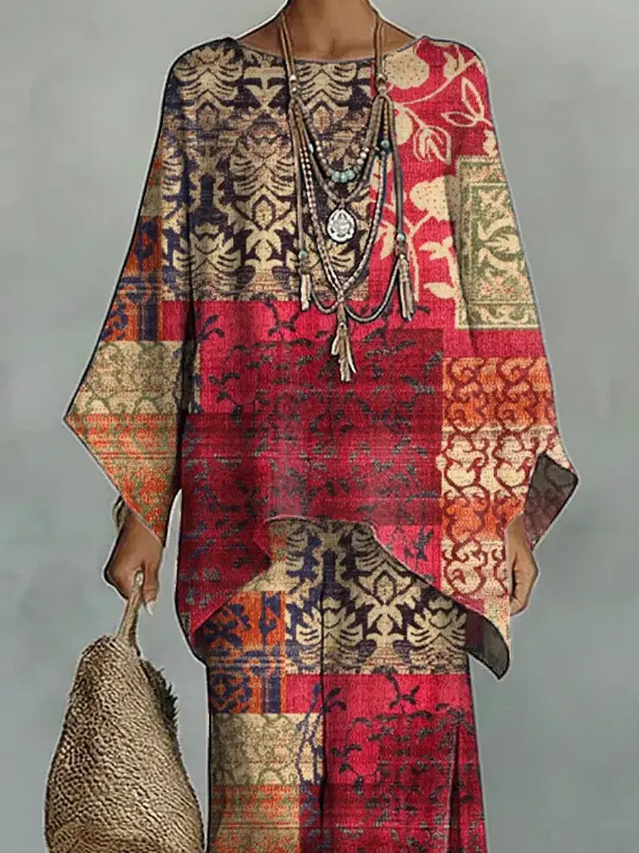 Women's Vintage Ethnic Floral Art Comfortable Loose Cotton Linen Wide-leg Pants Two-piece Set