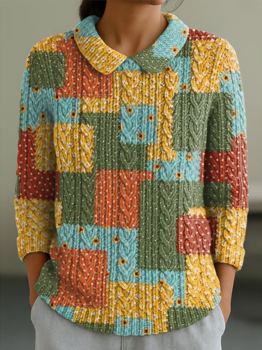 womens-vintage-colorful-plaid-painting-art-print-casual-peter-pan-collar-3-4-sleeve-sweater-lwv3