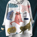 Women's Cute Cat Art Print Casual Cotton And Linen Shirt