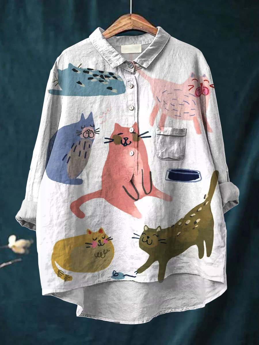 Women's Cute Cat Art Print Casual Cotton And Linen Shirt