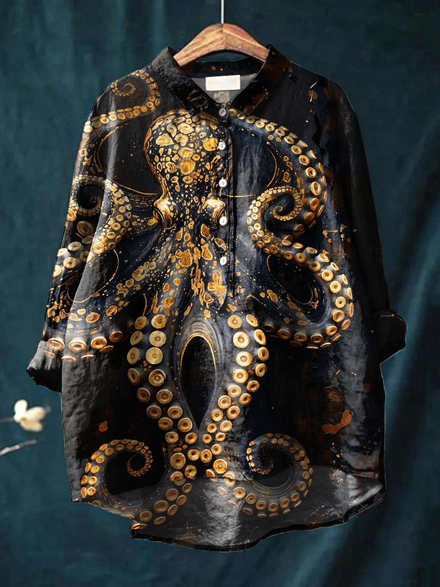 Women's Vintage Octopus Art Print Casual Cotton And Linen Shirt