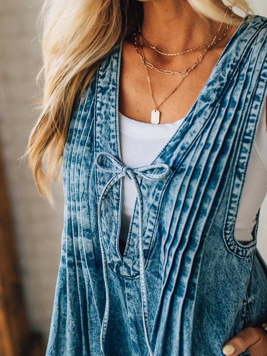 Women's Vest-style Tie-down Pleated Jumpsuit