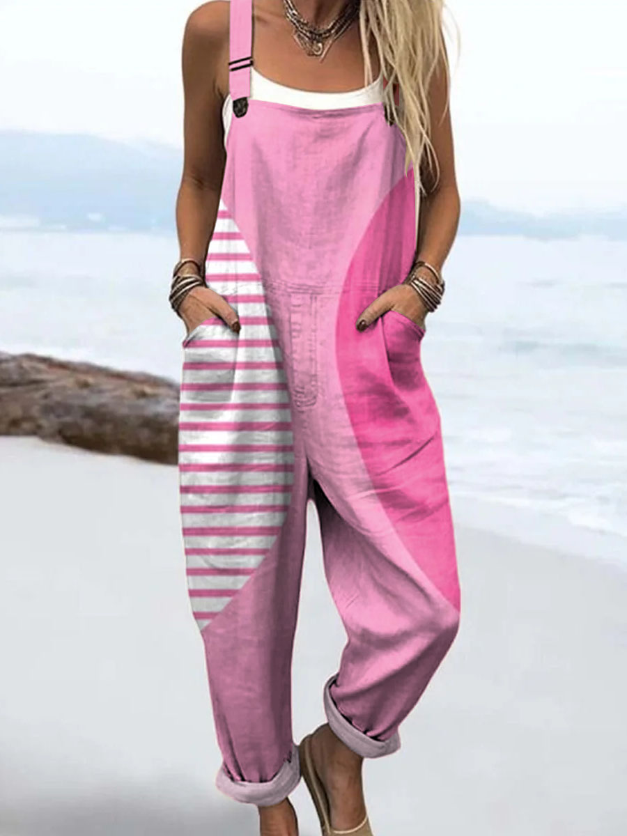 Women's Geometric Pattern Art Print Casual 100% Cotton Wide Leg Jumpsuit