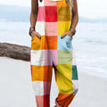 Women's Colourful Art Plaid Print Casual 100% Cotton Wide Leg Jumpsuit