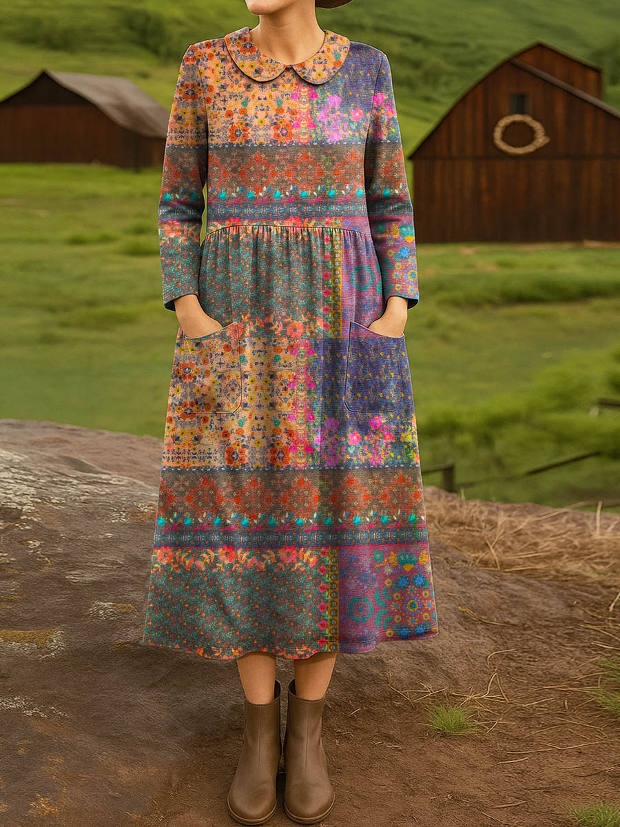 Women's Vintage Floral Art Print Cotton Lapel Shirt Dress