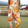Women's  Autumn Pumpkin Vintage Art Print Casual 100% Cotton Wide Leg Jumpsuit